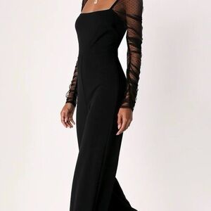 Lulu's Made to Amaze Black Dotted Mesh Long Sleeve Jumpsuit